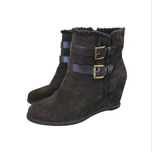 Genuine Suede Leather Wedge Shearling Lined Ankle Booties Brown Womens Size 9